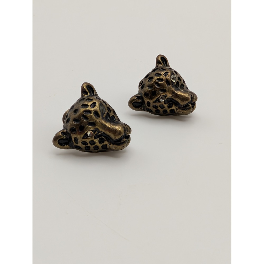 Vintage Leopard Head Stud Earrings‎ Gold Tone Rhinestone Eyes Animal Statement